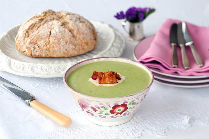 Green Pea Soup With Pancetta Cream And Soda Bread