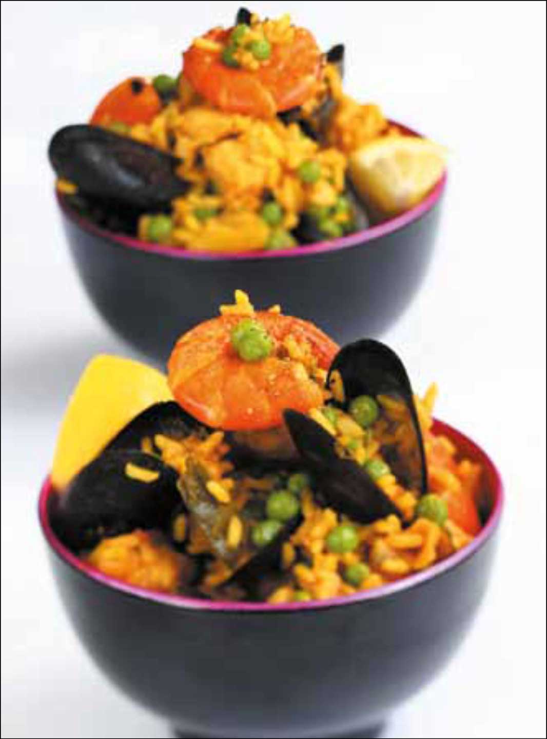 Pea and Seafood Paella with Brown Rice and Saffron