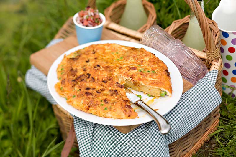 Pea, Spicy Chorizo And Potato Tortilla With Tomato Salsa