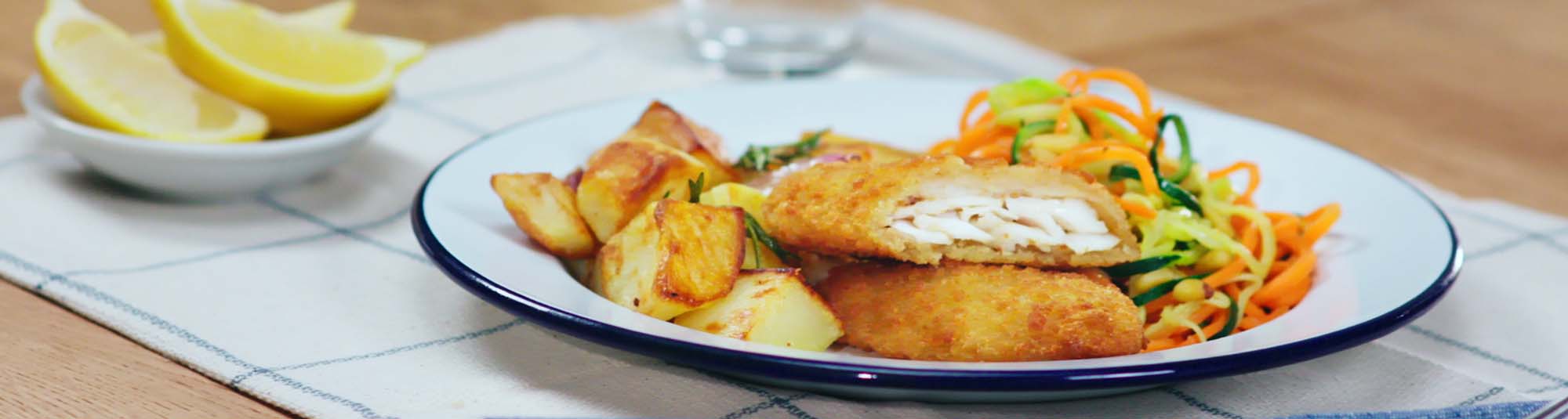 breaded coated fish with colourful veg