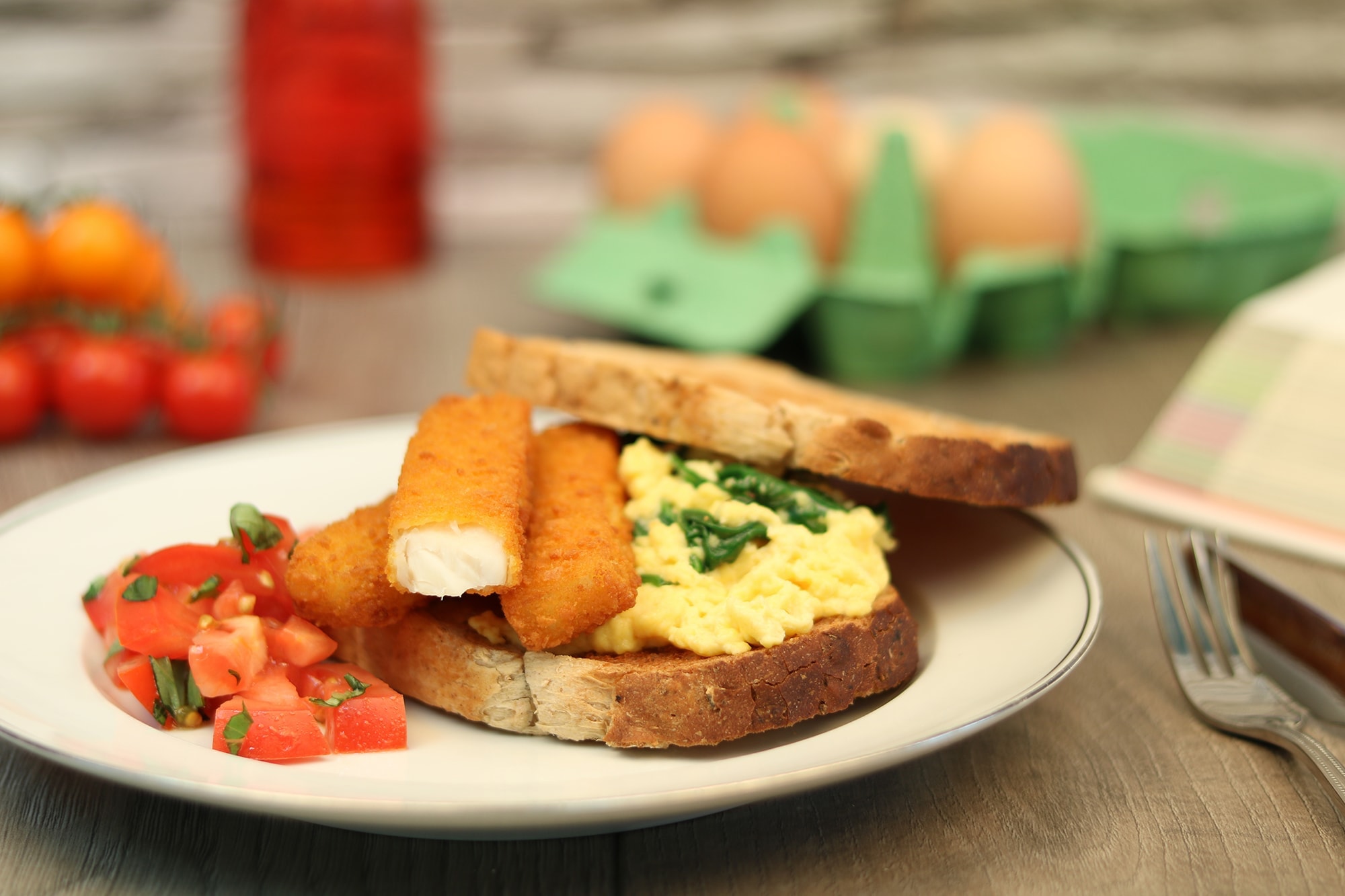 Fish Fingers and Spinach Scrambled Egg in a Toasted Sandwich