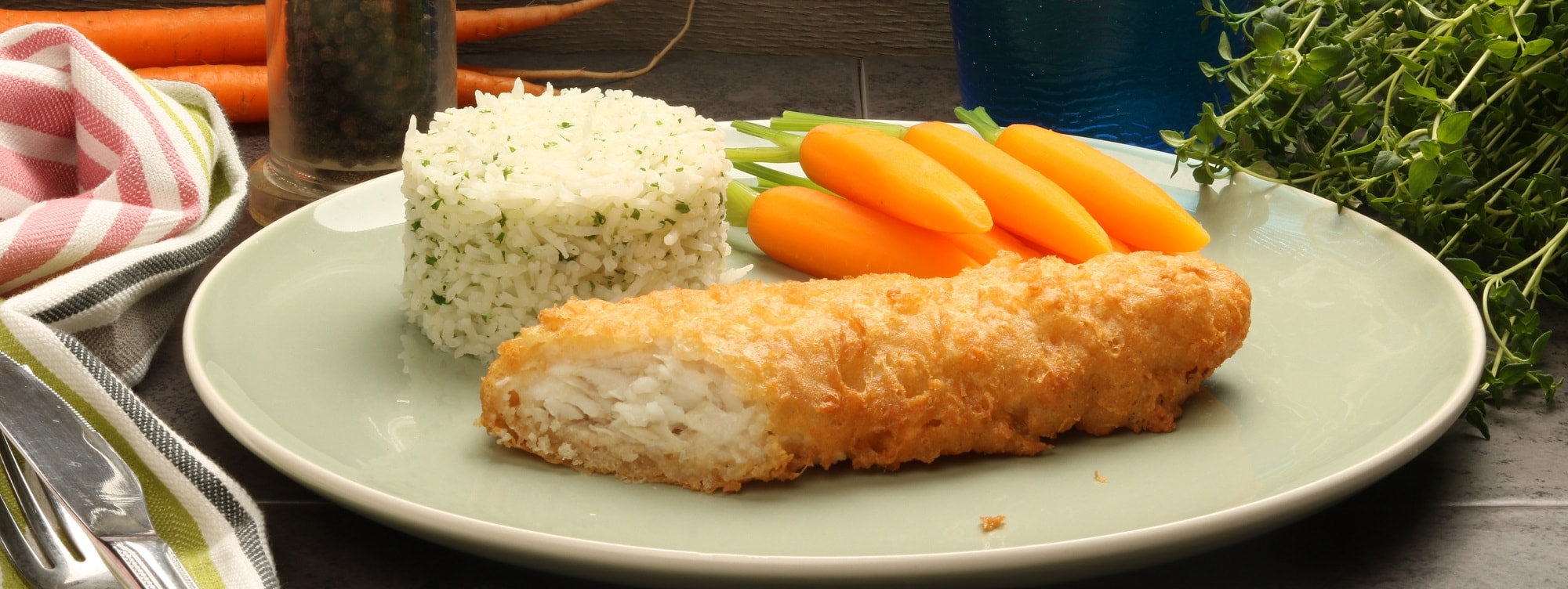 battered fish with thyme rice baby carrots