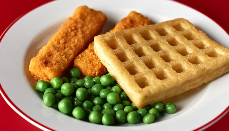 Birds Eye Potato Waffles with fish fingers and peas