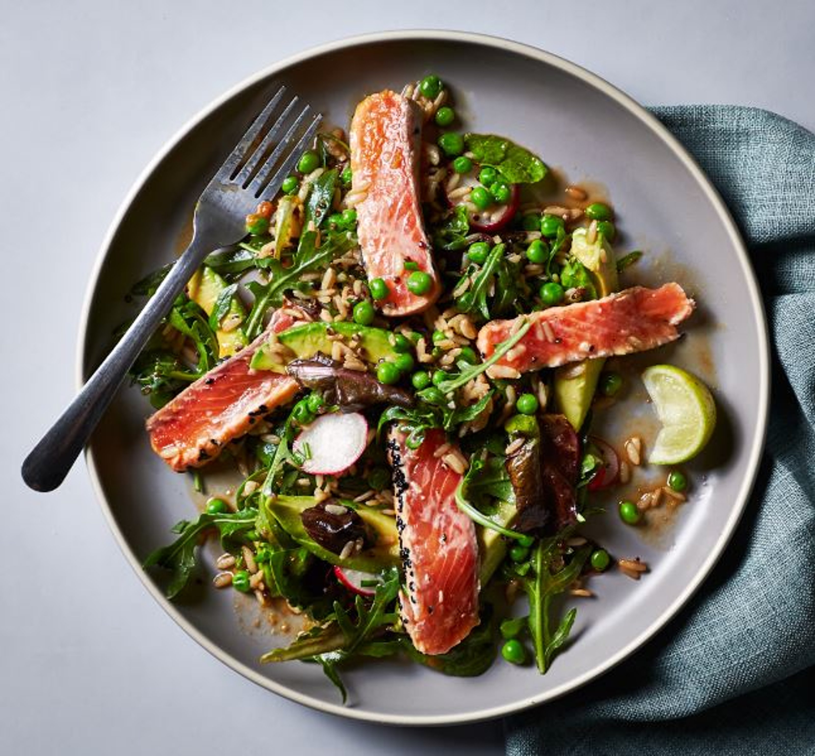 Salmon Sashimi and Asian Pea Salad with Quinoa and Miso Dressing.JPG