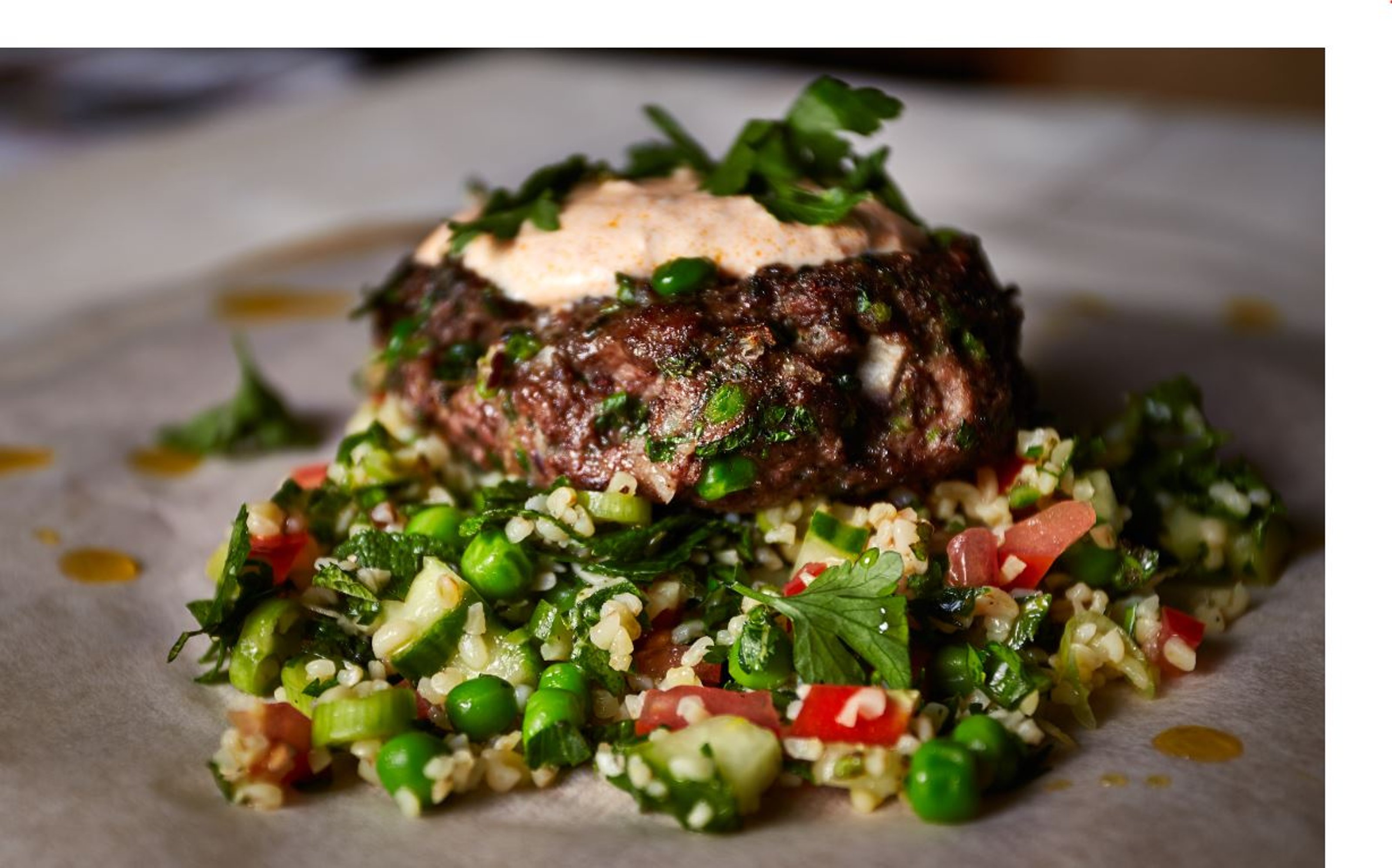 Mint and Pea Lamb Kofta Burger with Harissa Yoghurt and Pea Mint and Cucumber Tabbouleh.JPG