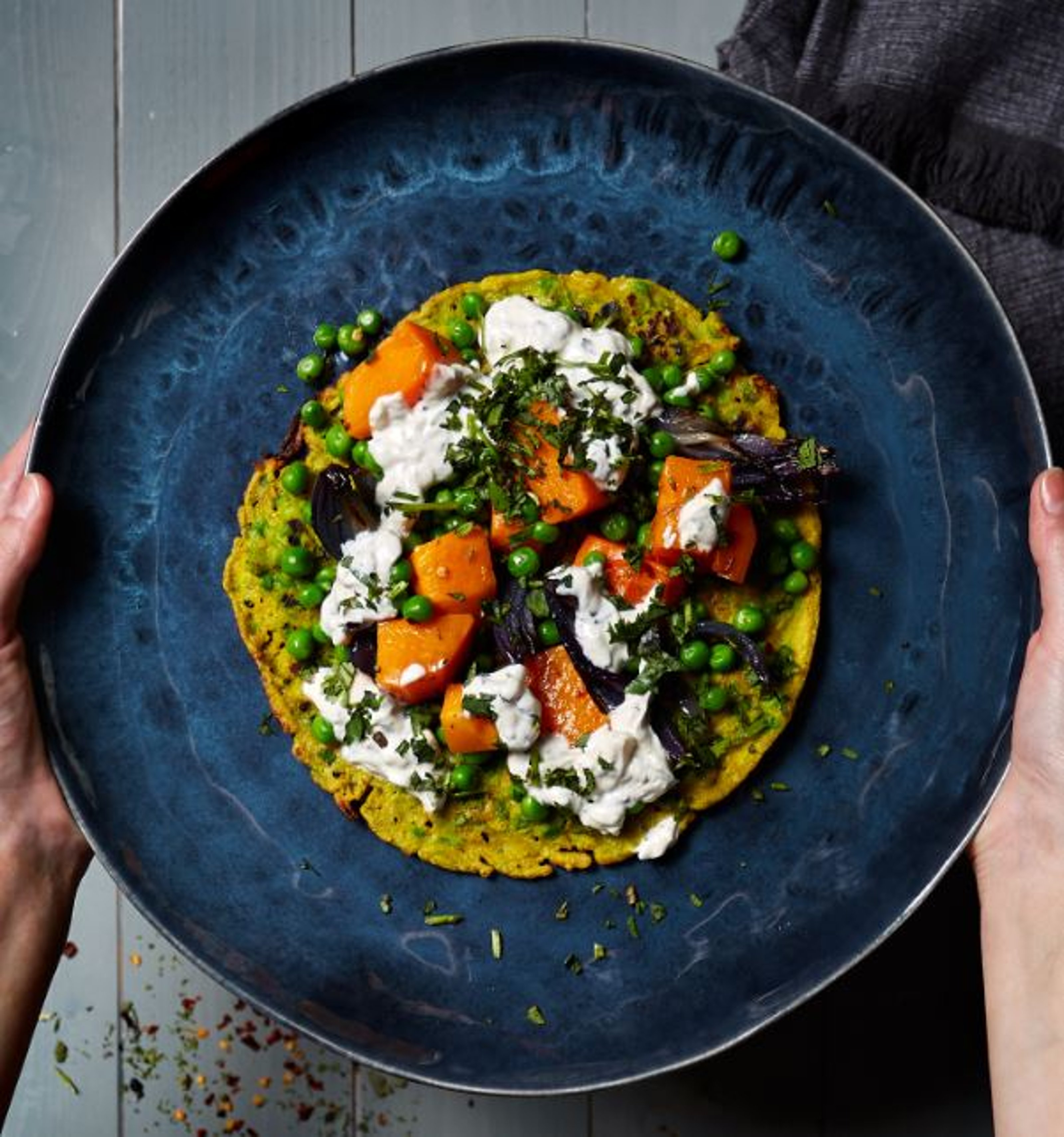 Chickpea Turmeric Pancakes with Crushed Peas Roast Butternut Squash and Tahini Dressing.JPG